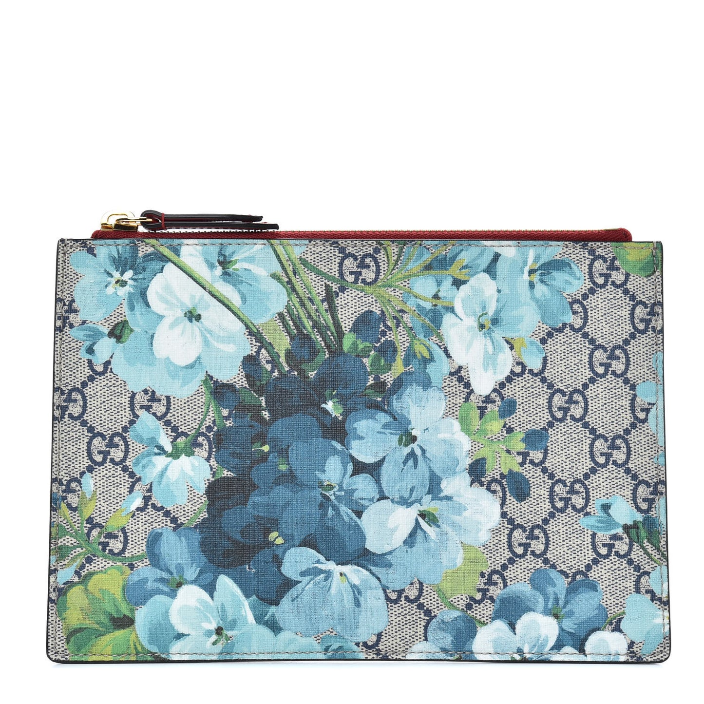 GG Supreme Monogram Blooms Small Zip Pouch Beige Blue Hibiscus Red