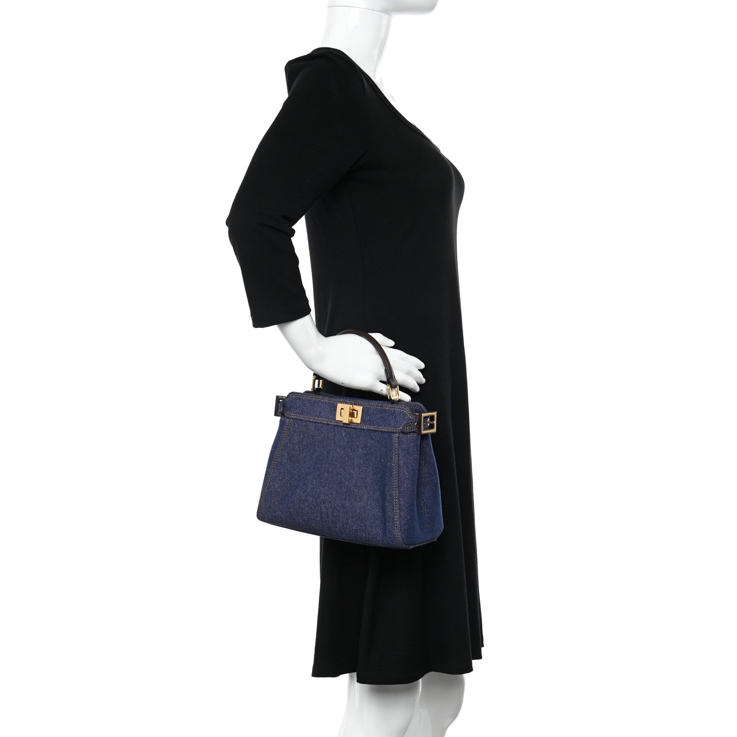 Fendi Denim Fabric Jacquard Cuoio FF 1974 Mini Peekaboo Iconic Satchel Blue Tobacco Moro 3 of 12