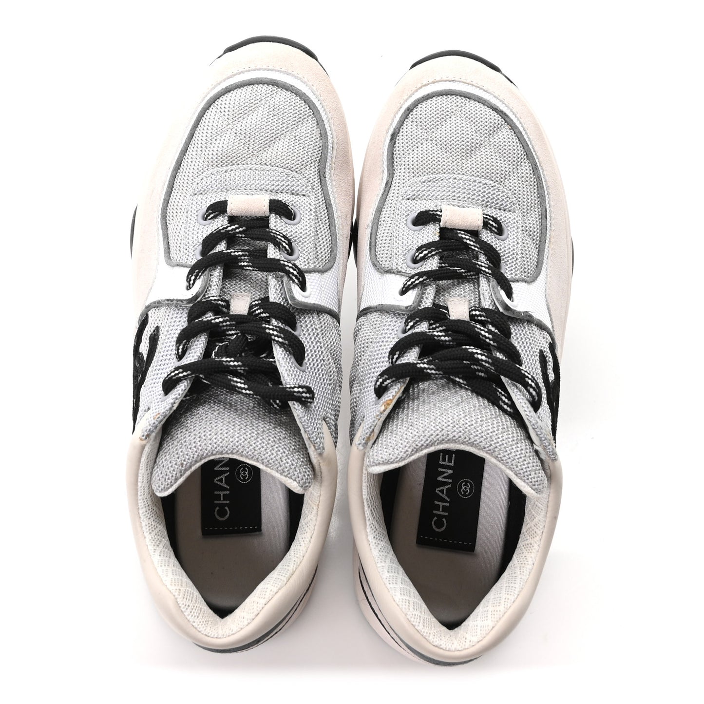 Mesh Suede Calfskin Grained Calfskin Womens CC Sneakers 37.5 Grey White