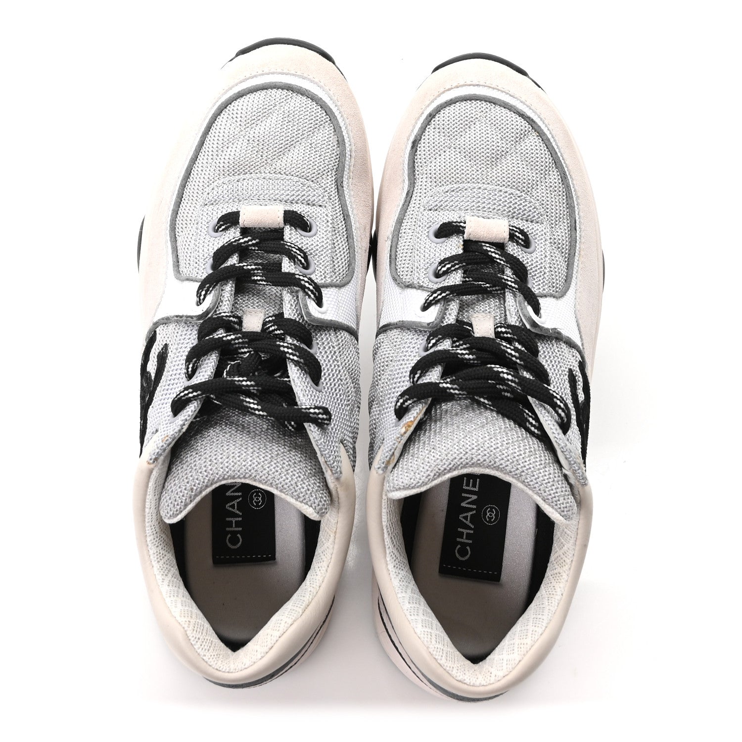 Chanel Mesh Suede Calfskin Grained Calfskin Womens CC Sneakers 37.5 Grey White 2 of 10