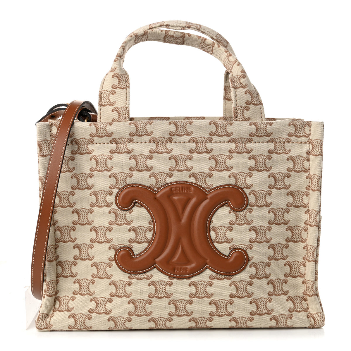 Canvas Calfskin Triomphe Print Small Cabas Thais White