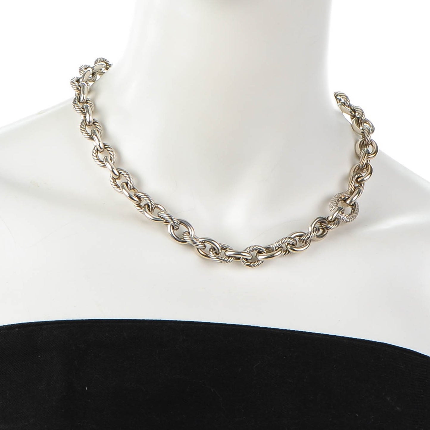 Sterling Silver Pave Diamond 15mm Large Oval Link Necklace