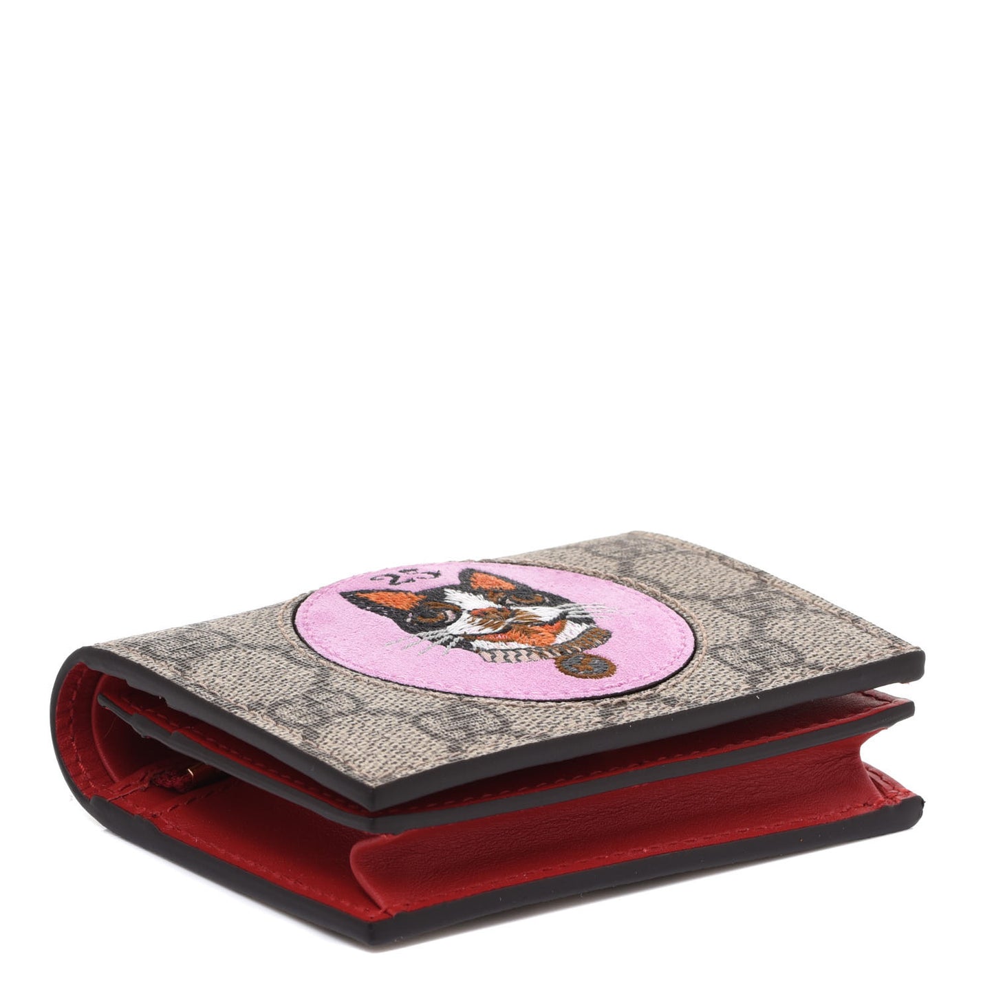 GG Supreme Monogram Bosco Patch Card Case Wallet Beige Malva Hibiscus Red