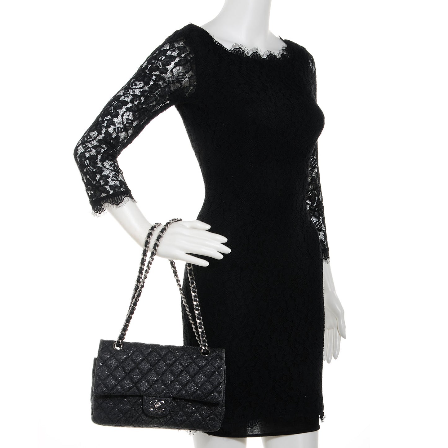 Crackled Calfskin Medium Double Flap Black