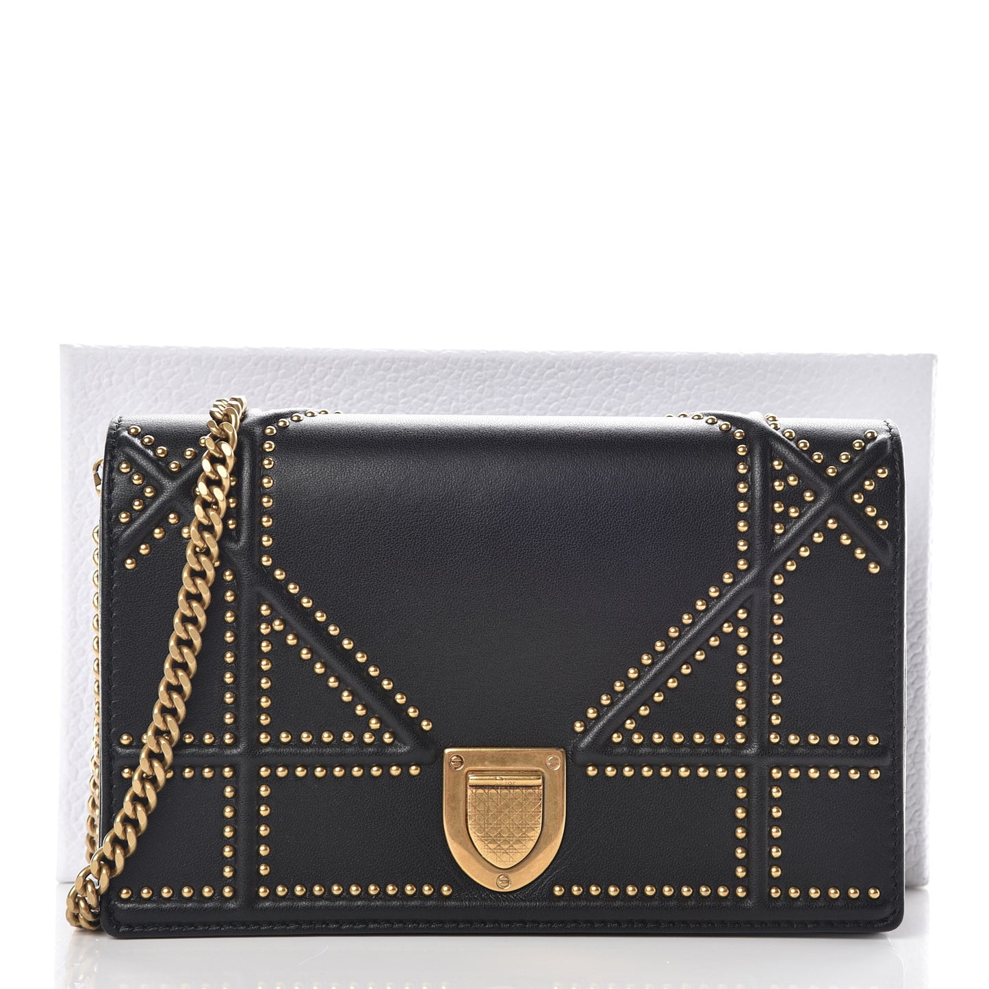 Calfskin Studded Diorama Wallet on Chain Pouch Black