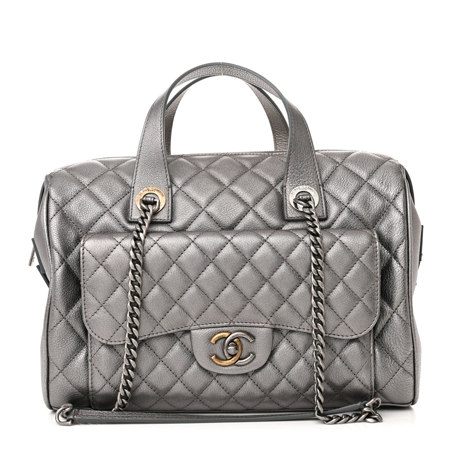 Metallic Grained Calfskin Quilted Large Casual Pocket Bowling Bag Silver