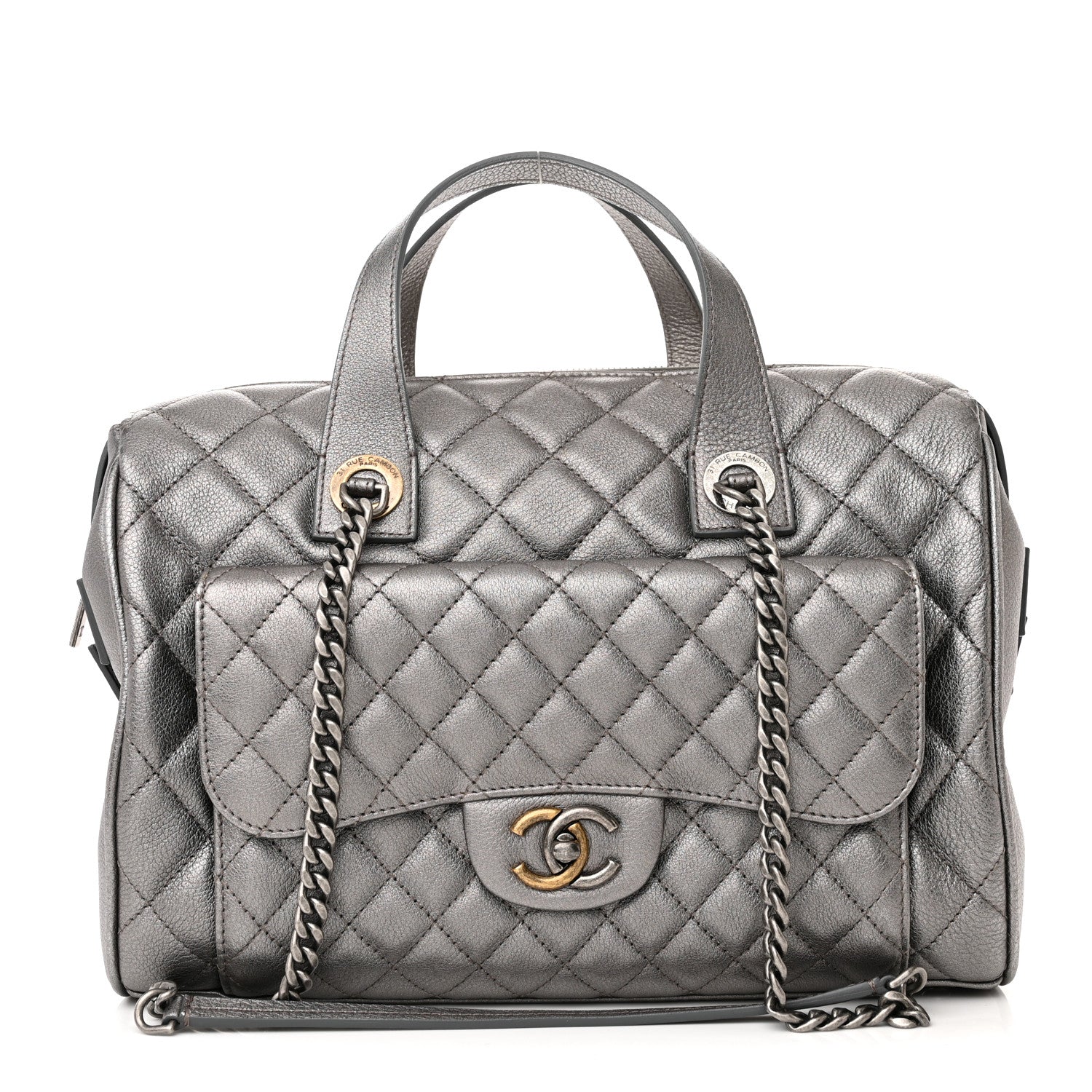 Chanel Metallic Grained Calfskin Quilted Large Casual Pocket Bowling Bag Silver 1 of 12