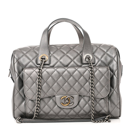 Chanel Metallic Grained Calfskin Quilted Large Casual Pocket Bowling Bag Silver 1 of 12