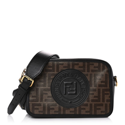 Fendi Glazed Fabric Vitello Century F is Fendi FF 1974 Stamp Patch Camera Case Mogano Panna Black 1 of 10