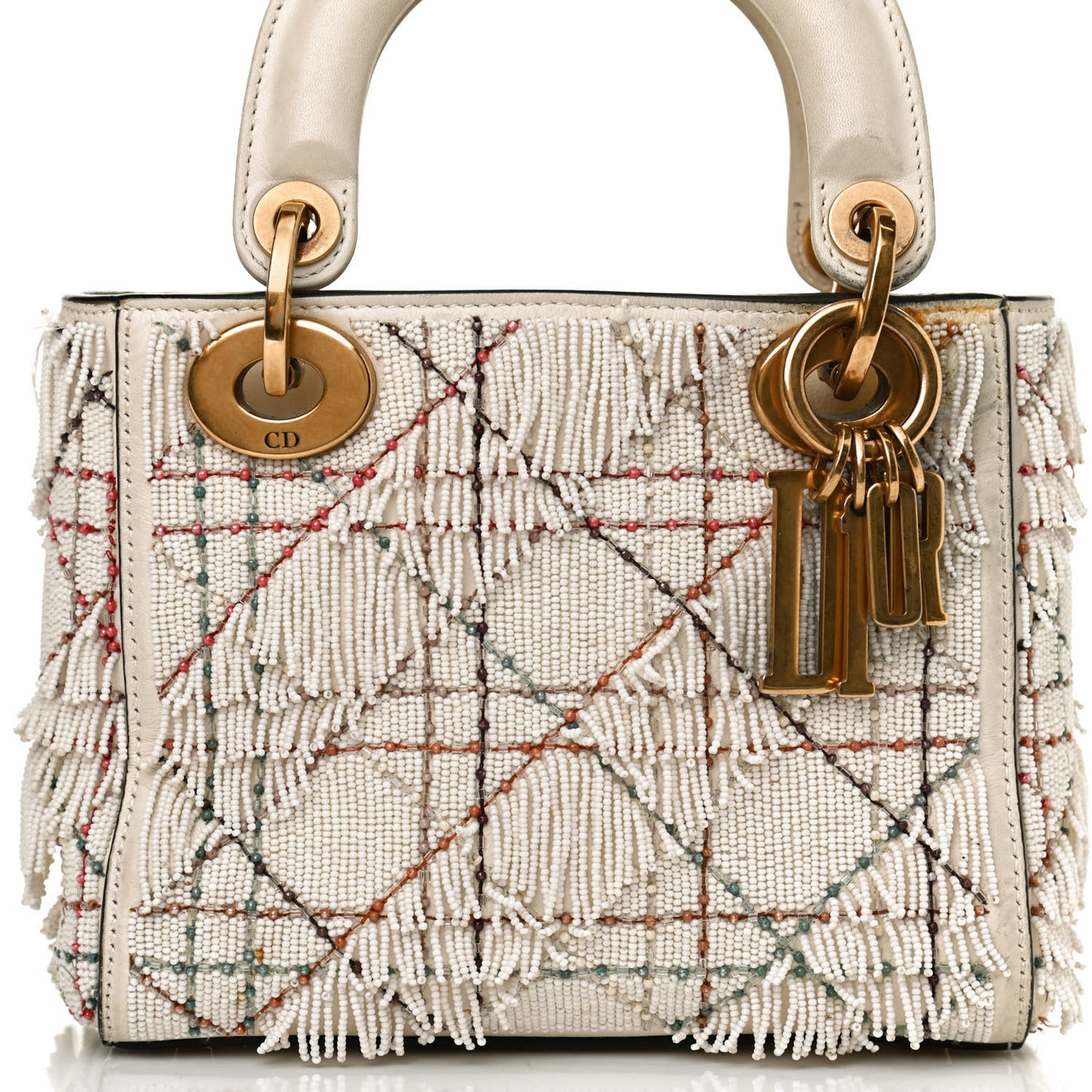 Lambskin Beaded Fringe Mini Lady Dior White
