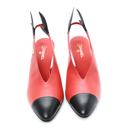 Chanel Lambskin Patent Calfskin Cap Toe CC Slingback Pumps 38 Red Black 3 of 10