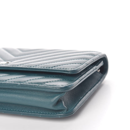 Chanel Lambskin Chevron Quilted Wallet On Chain WOC Blue 10 of 15
