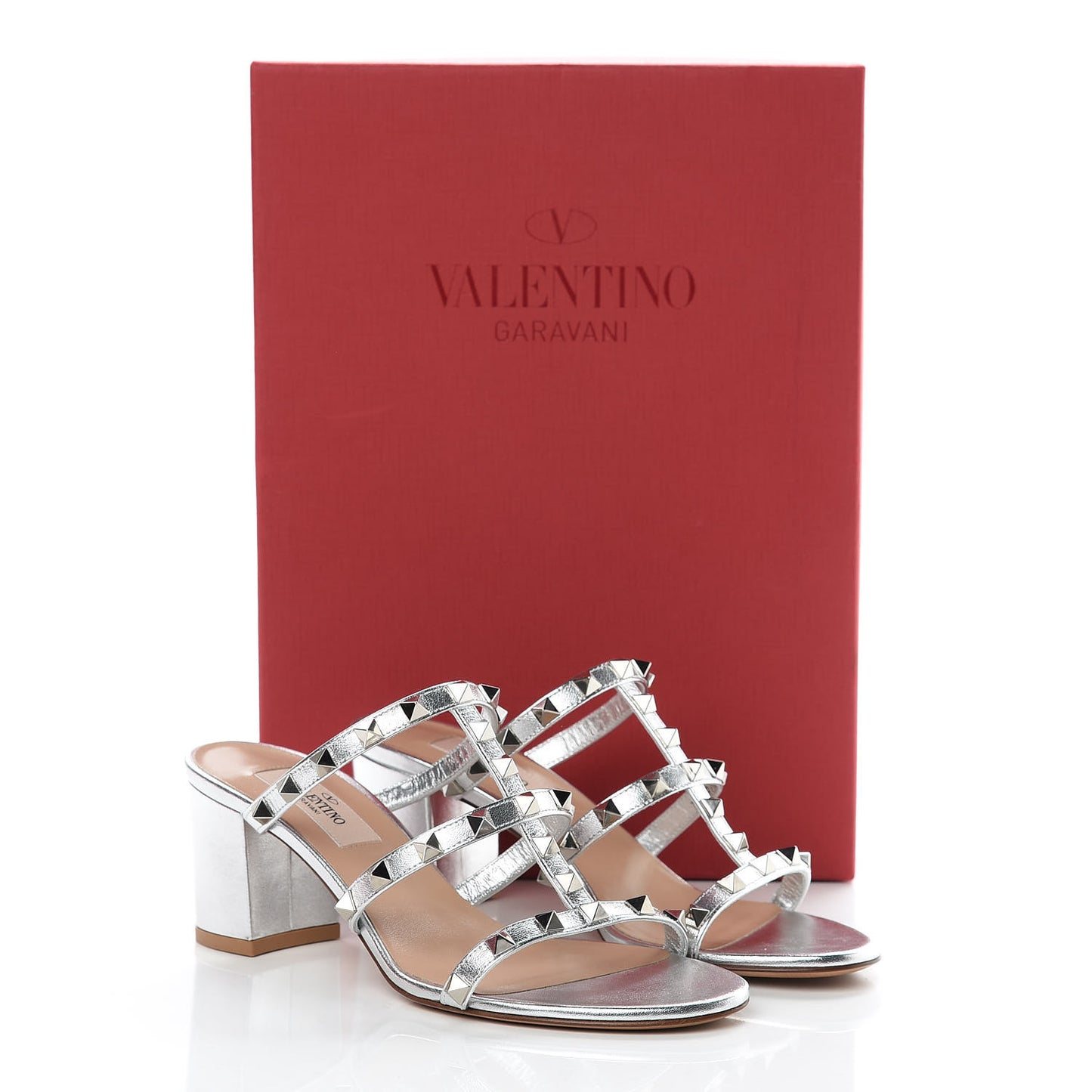 Metallic Nappa Rockstud 60mm Caged Slide Sandals 36.5 Silver