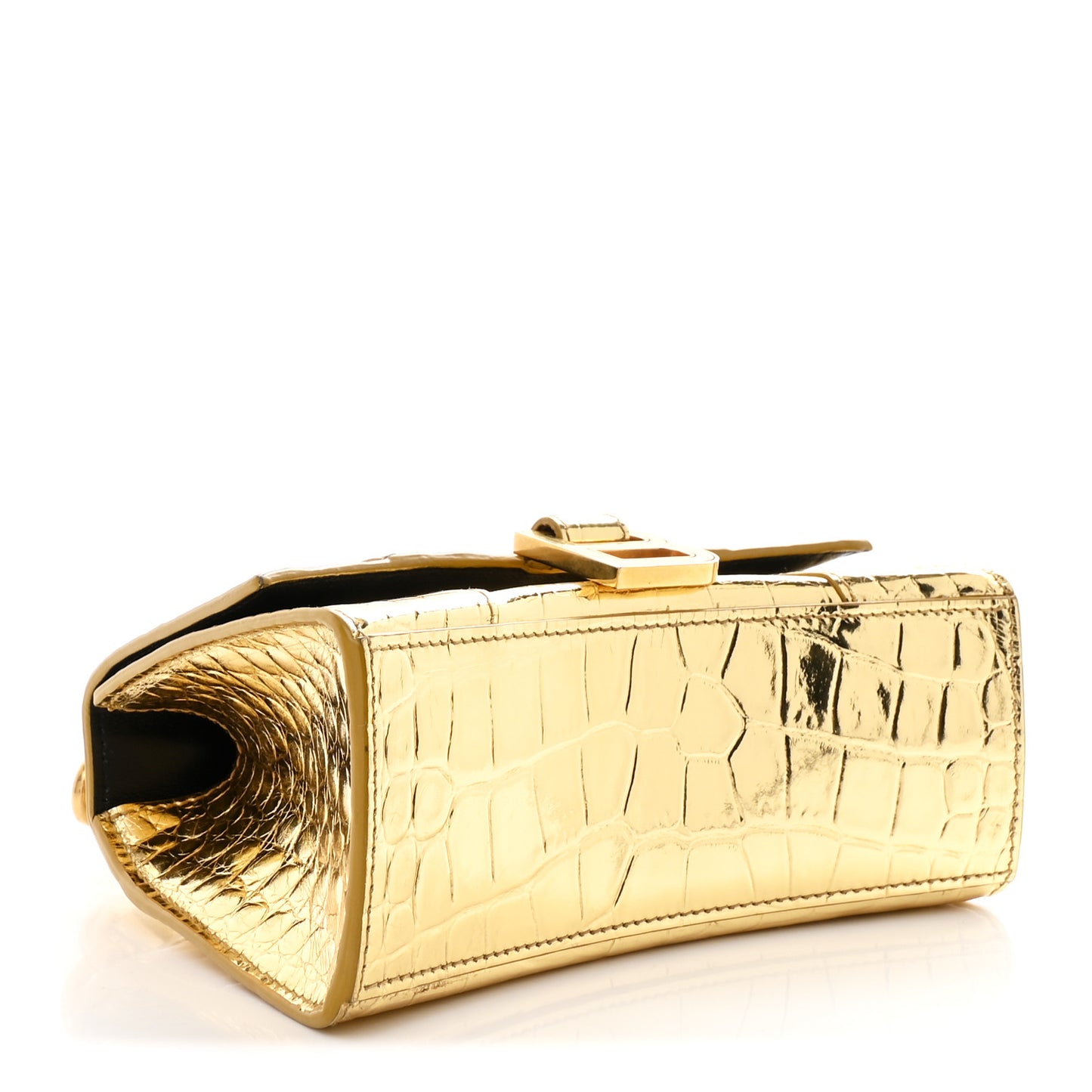 Metallic Calfskin Crocodile Embossed Hourglass Top Handle Bag XS Gold