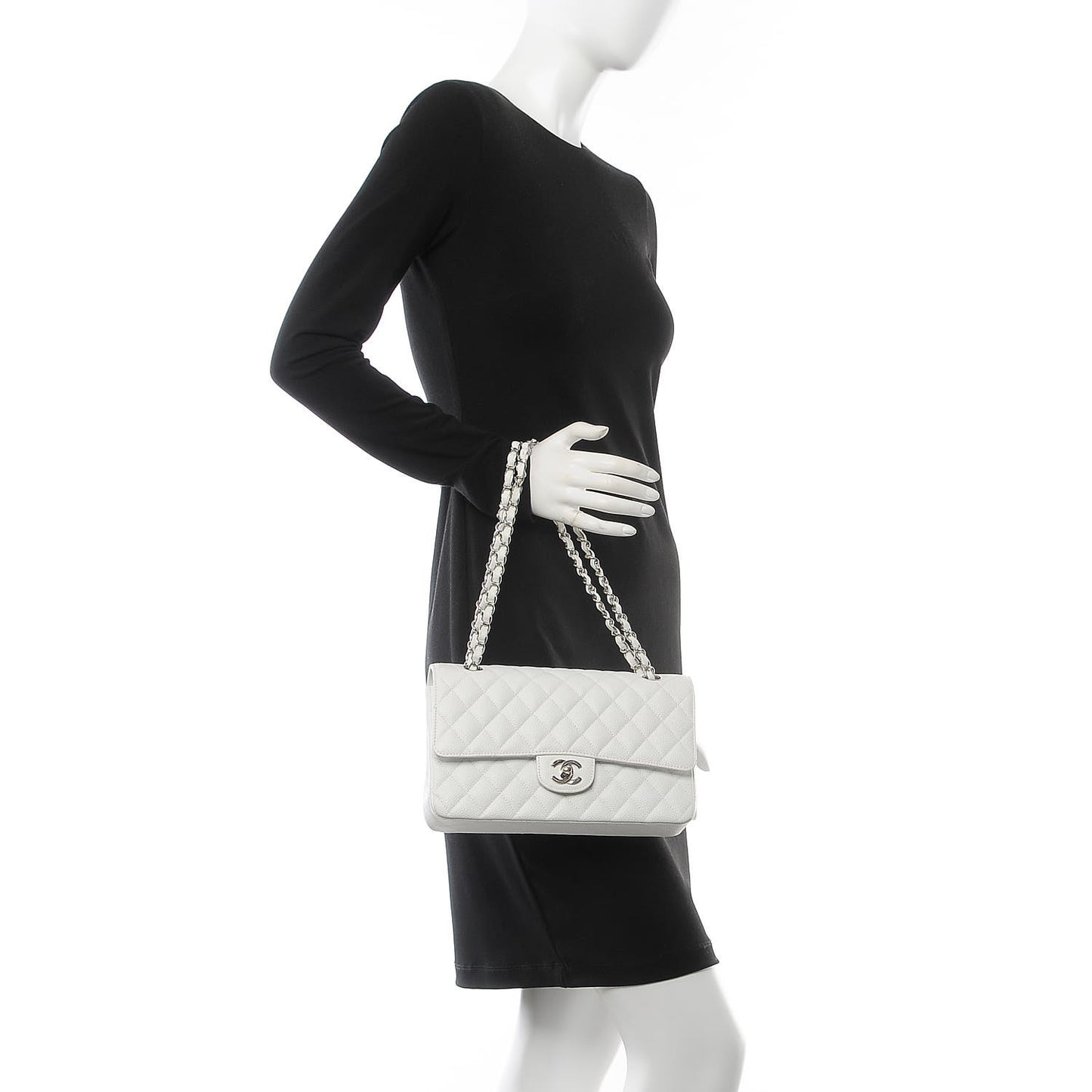 Caviar Quilted Medium Double Flap White