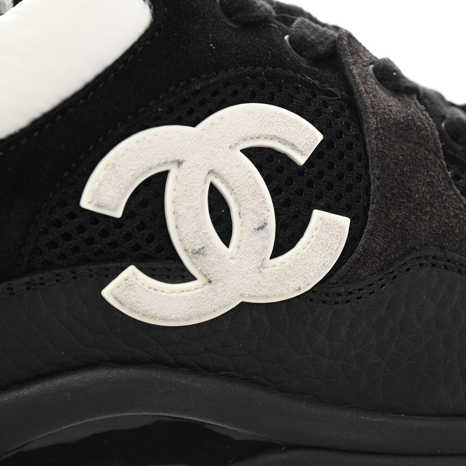Chanel Mesh Suede Grained Calfskin Womens CC Sneakers 38.5 Black White 8 of 9