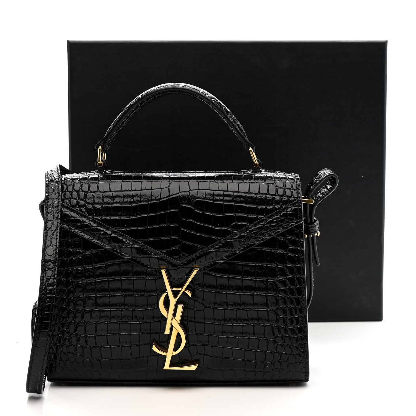 Calfskin Crocodile Embossed Mini Classic Monogram Cassandra Top Handle Black