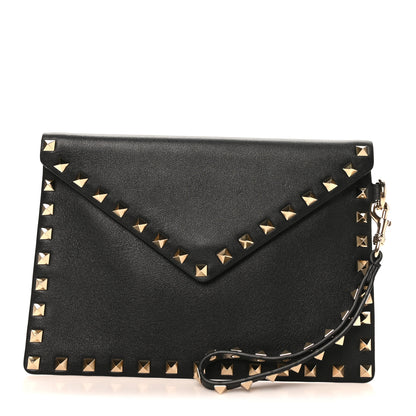 Valentino Garavani Vitello Medium Rockstud Envelope Flat Wristlet Pouch Black 1 of 7