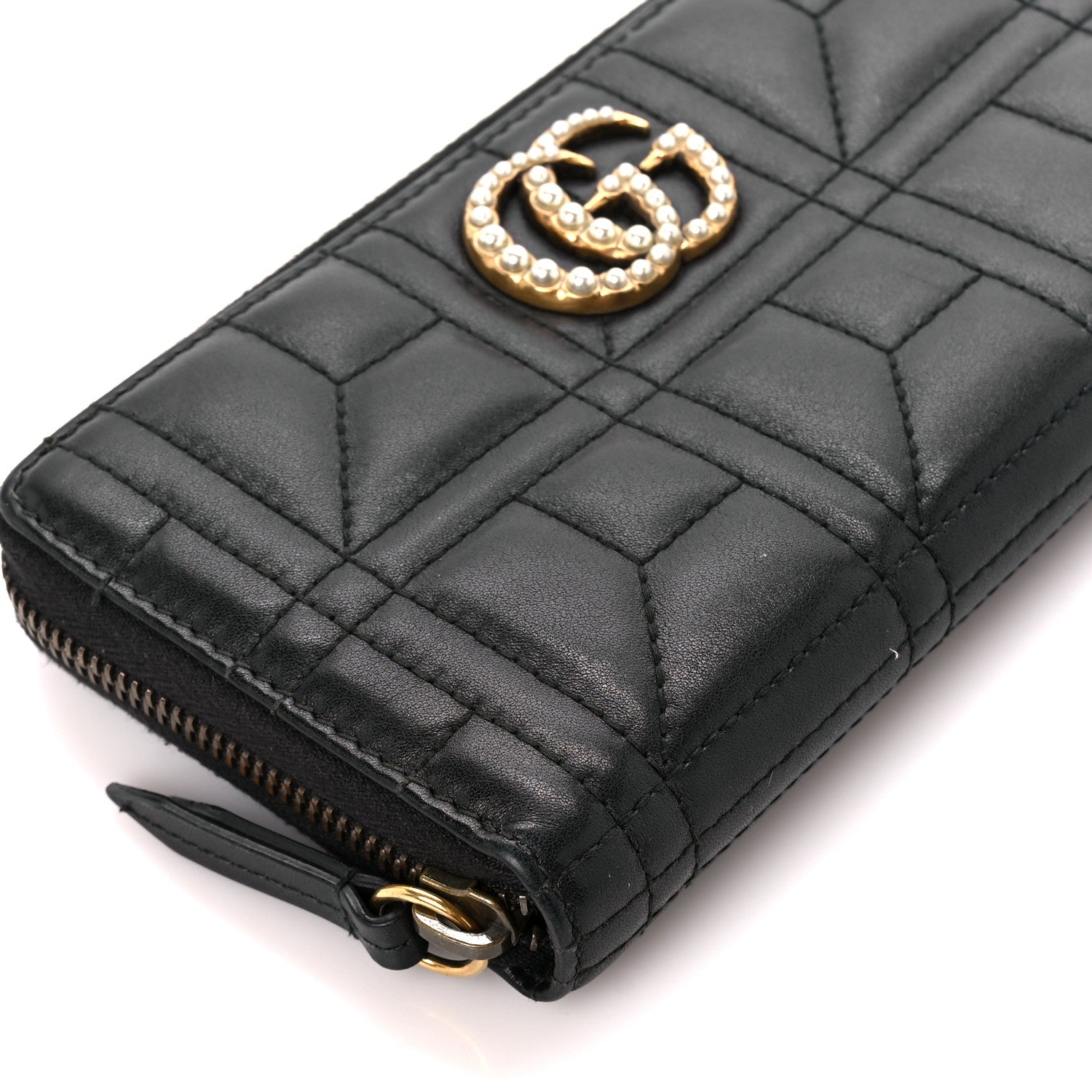 Gucci Calfskin Matelasse Pearly GG Marmont Zip Around Wallet Black 9 of 10