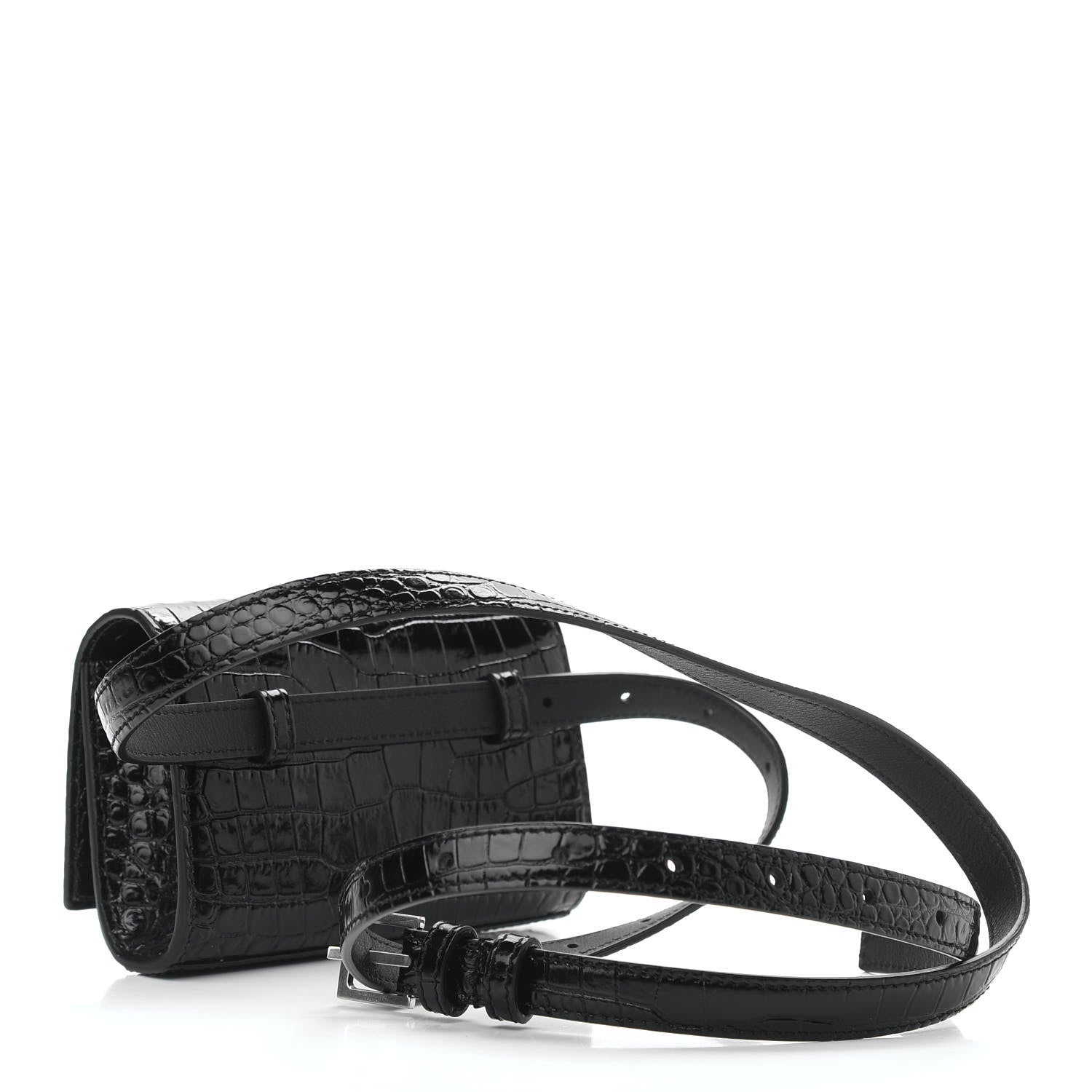 Saint Laurent Calfskin Crocodile Embossed Monogram Kate Belt Bag Black 3 of 10