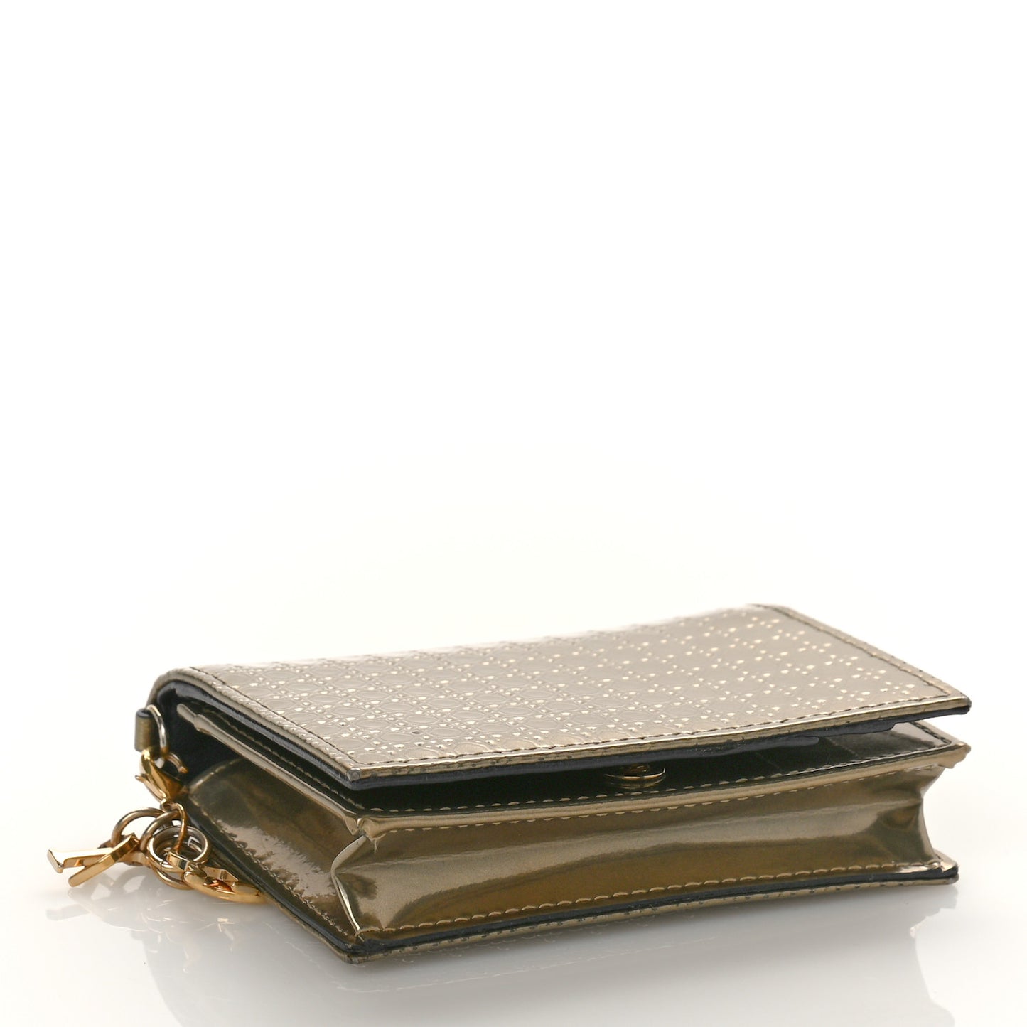 Metallic Patent Micro-Cannage Lady Dior Card Holder Gold