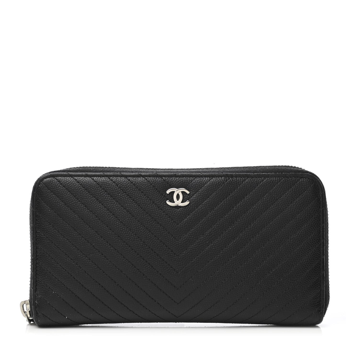 Caviar Chevron Quilted Large Gusset Zip Around Wallet Black