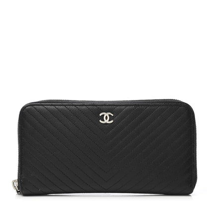 Chanel Caviar Chevron Quilted Large Gusset Zip Around Wallet Black 1 of 11