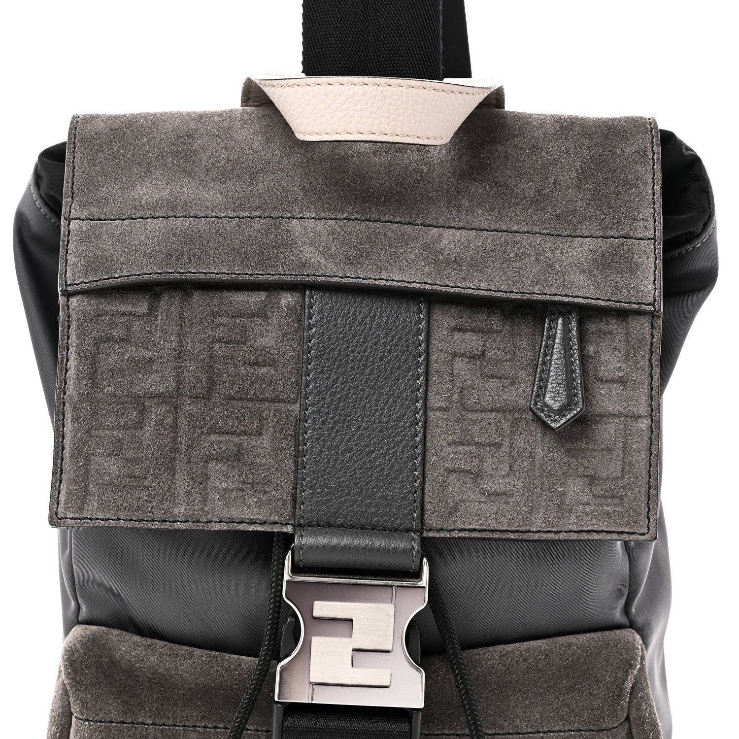 Fendi Suede Nylon Santander Cuoio Romano Bi-Color FF Embossed Small Fendiness Backpack Piombo Fango Grigio Polvere Asphalto 8 of 10