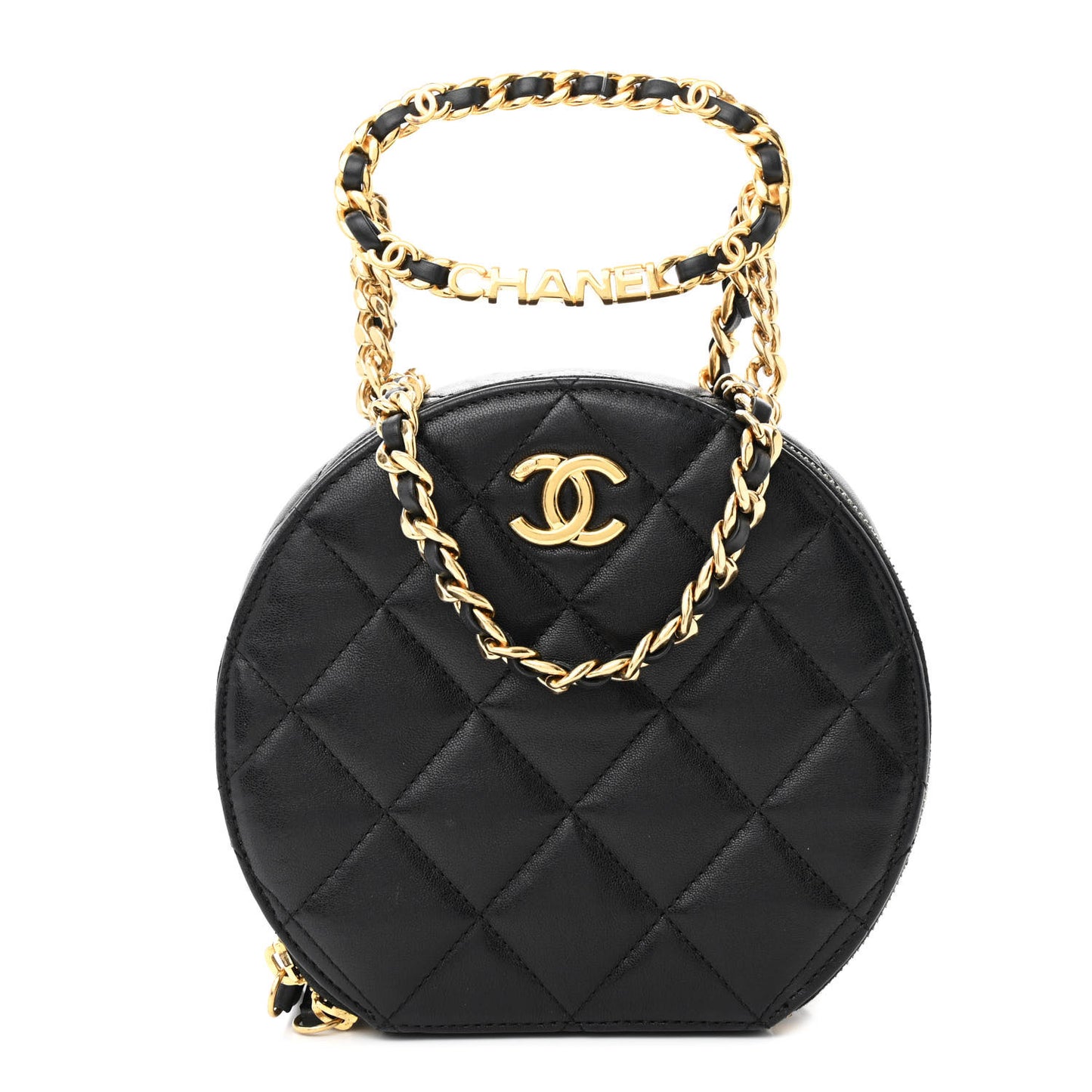Lambskin Metal Quilted Small Top Handle Round Shoulder Bag Black