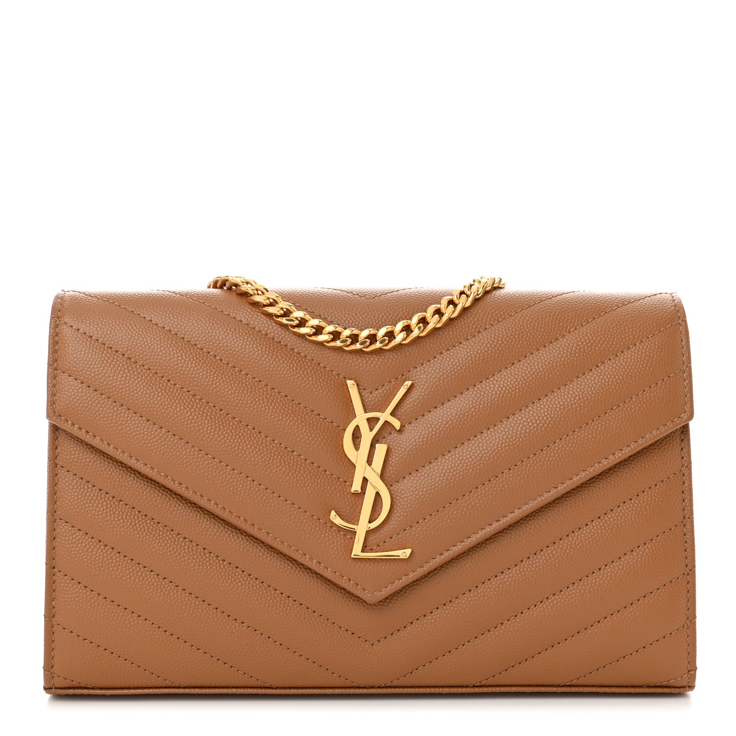 Saint Laurent Grain De Poudre Matelasse Chevron Monogram Chain Wallet Natural Dark 1 of 12