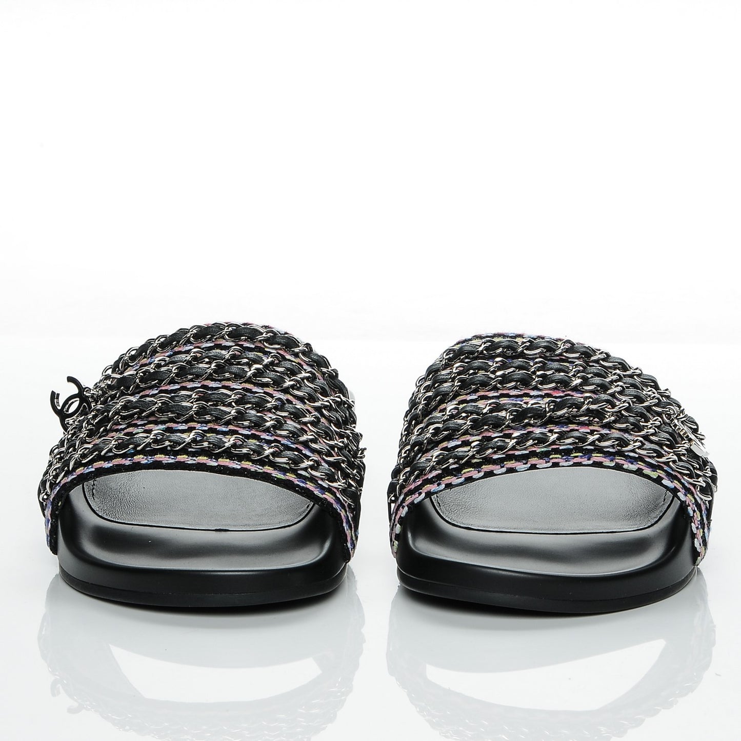 Tweed Lambskin Chain Flat Sandals 40 Black Multicolor