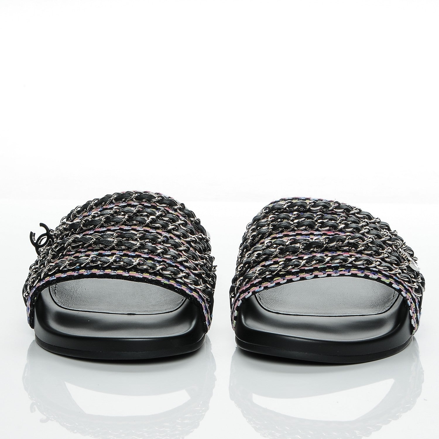 Chanel Tweed Lambskin Chain Flat Sandals 40 Black Multicolor 2 of 7