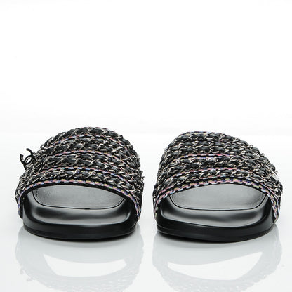 Chanel Tweed Lambskin Chain Flat Sandals 40 Black Multicolor 2 of 7