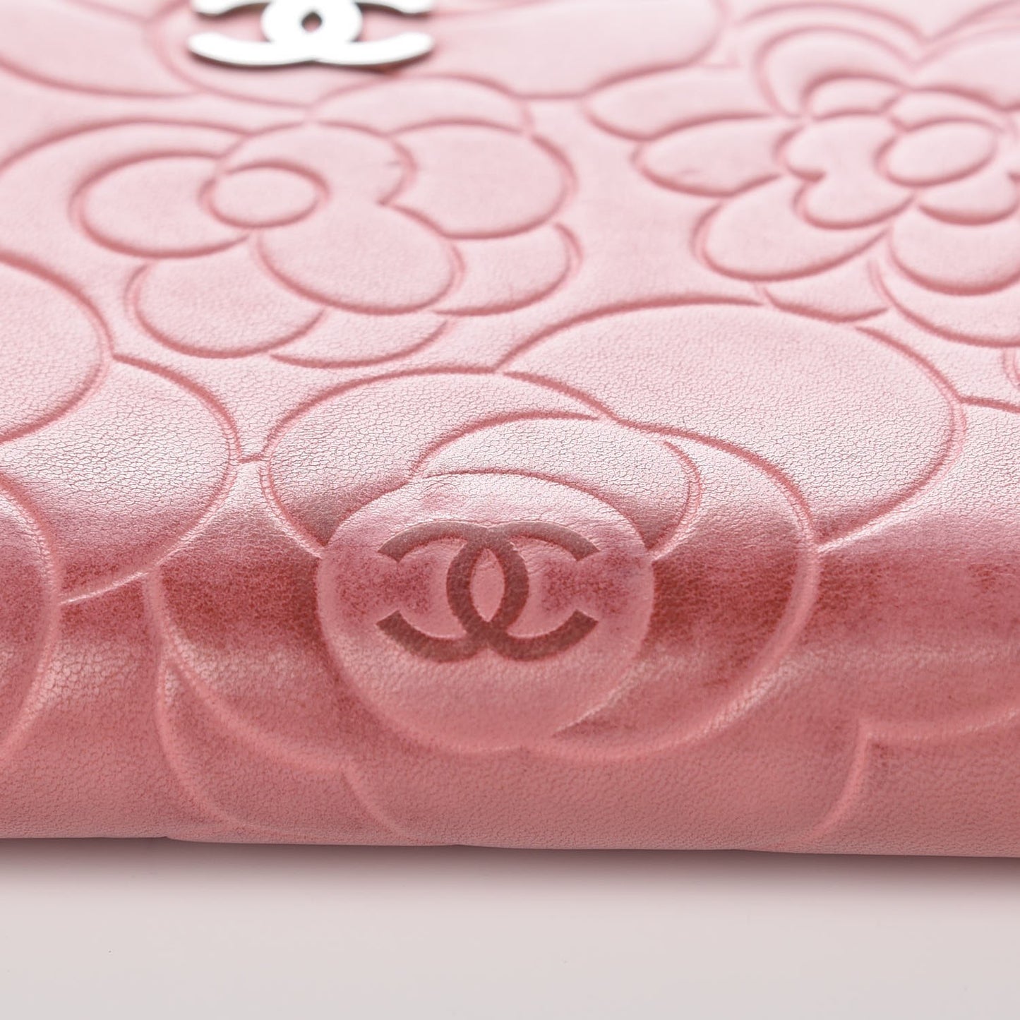 Lambskin Camellia Embossed Zip Around Large Gusset Wallet Pink