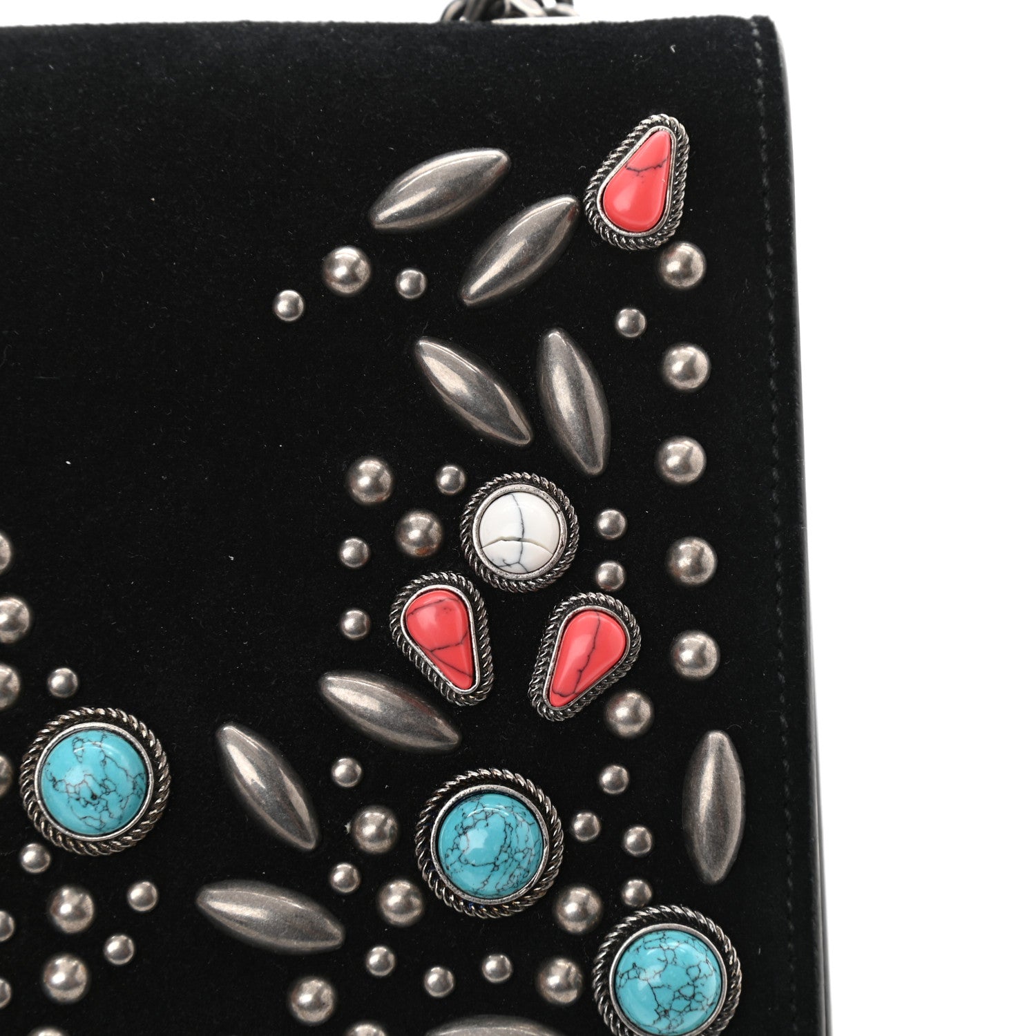 Saint Laurent Suede Small Monogram Stone Studded Kate Satchel Black Turquoise Coral 10 of 11