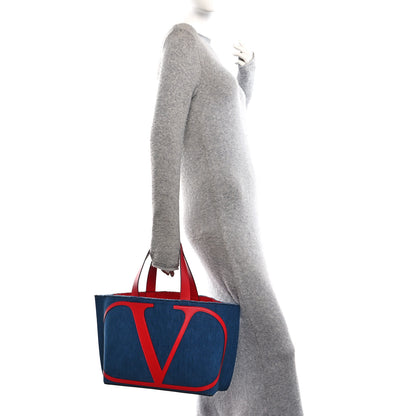 Valentino Garavani Denim Small Escape Tote Blue Red 2 of 12