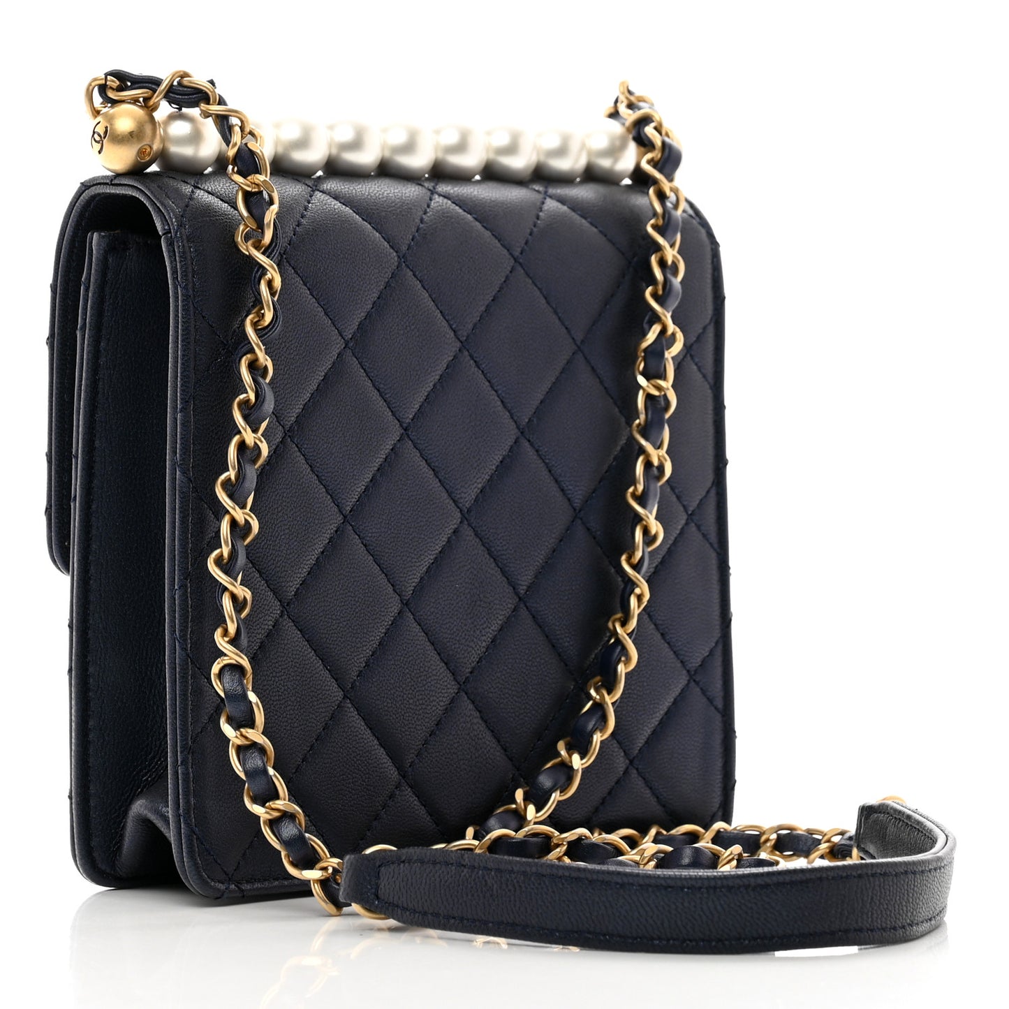 Iridescent Lambskin Quilted Chic Pearls Flap Navy Blue