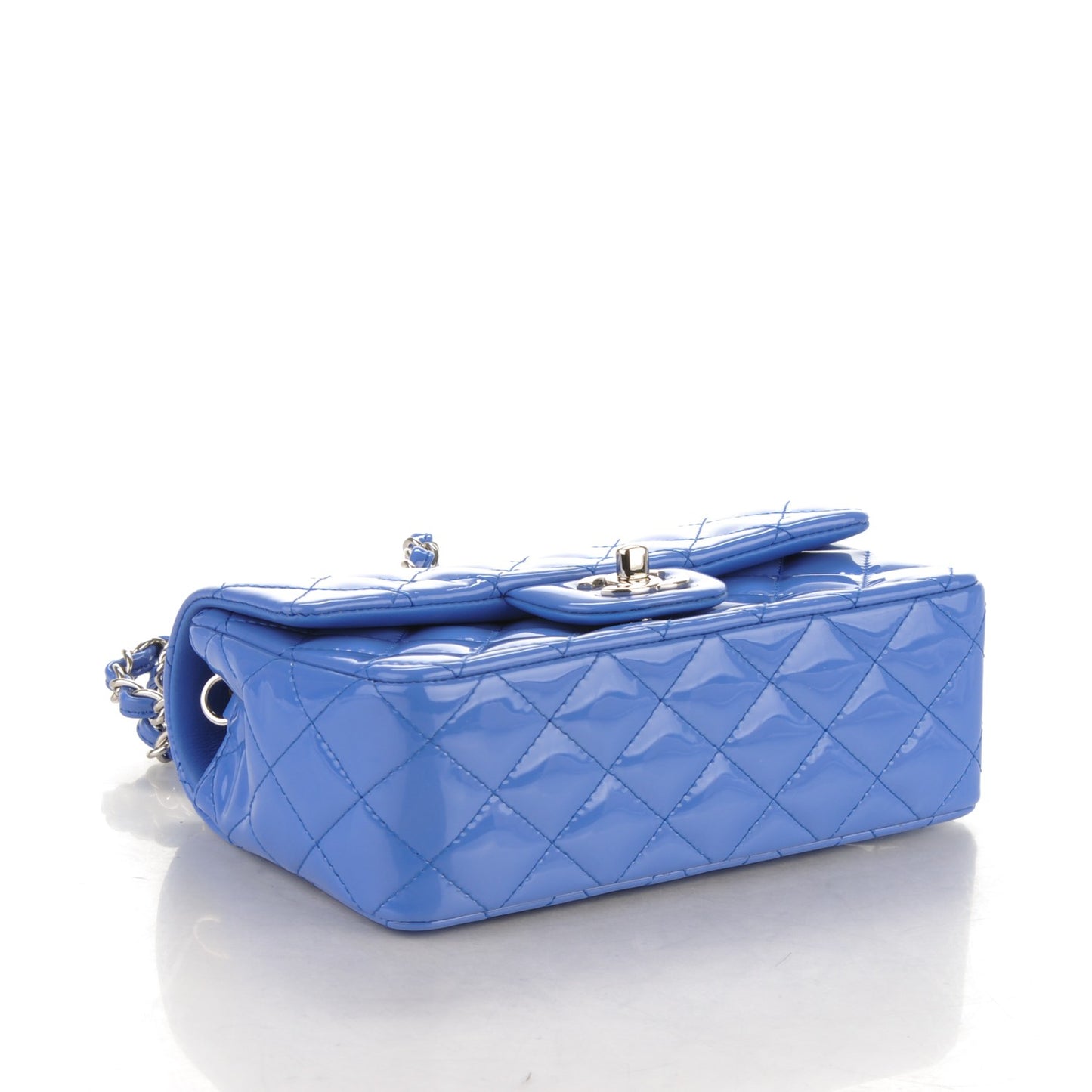 Patent Calfskin Quilted Mini Rectangular Flap Blue