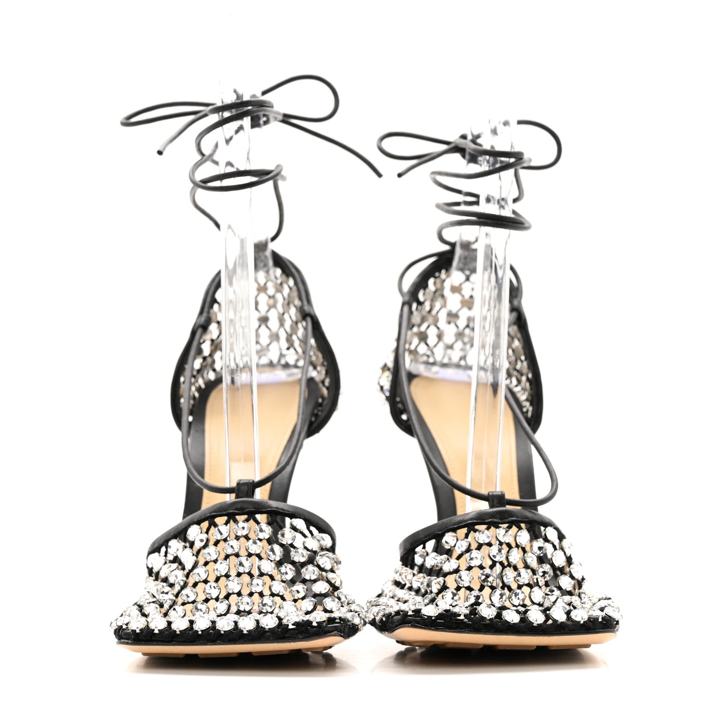Mesh Nappa Crystal Embellished Sparkle Stretch Ankle Tie Sandals 41 Black