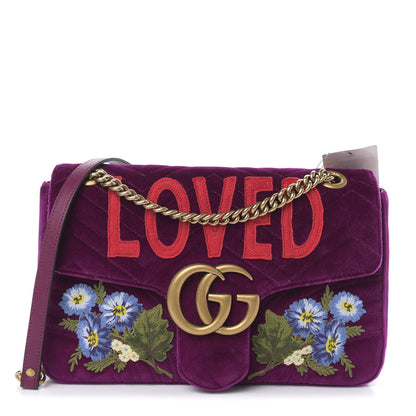 Gucci Velvet Matelasse Loved Embroidered Medium GG Marmont Shoulder Bag Fuchsia Violet Cyclamen 1 of 10
