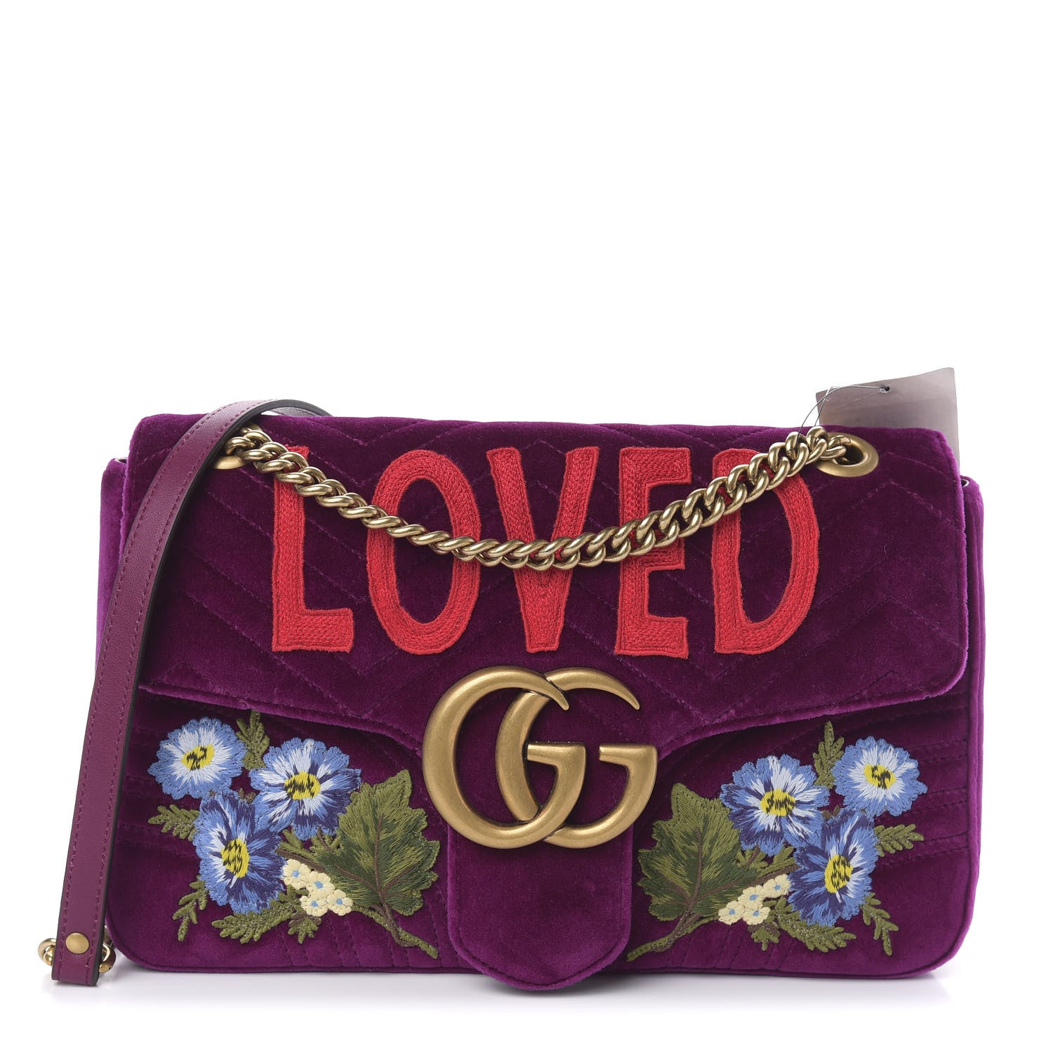 Gucci Velvet Matelasse Loved Embroidered Medium GG Marmont Shoulder Bag Fuchsia Violet Cyclamen 1 of 10