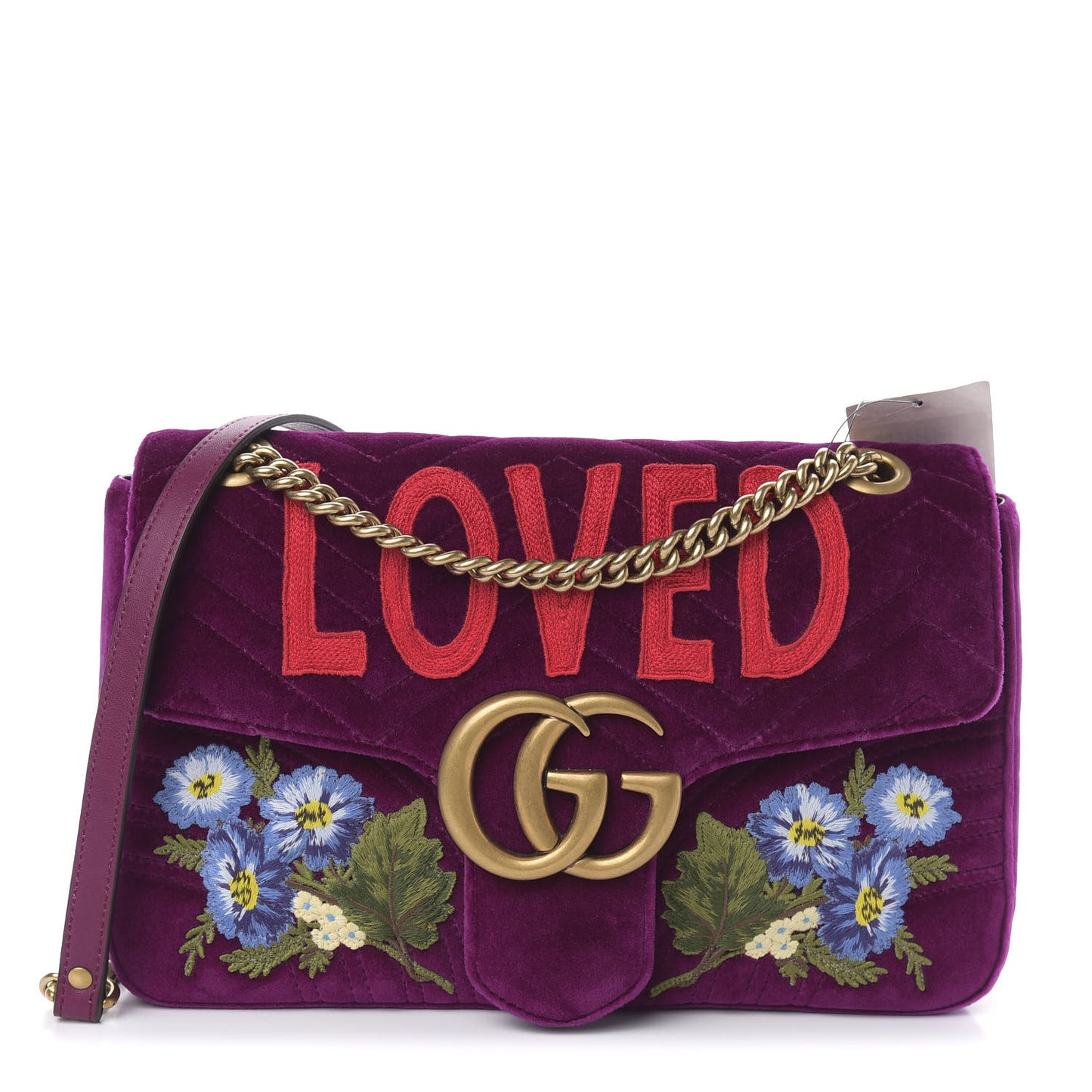 Velvet Matelasse Loved Embroidered Medium GG Marmont Shoulder Bag Fuchsia Violet Cyclamen