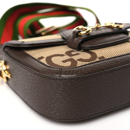 Gucci Monogram Jumbo GG Textured Dollar Calfskin Web Mini Horsebit 1955 Shoulder Bag Camel Ebony New Acero 9 of 10