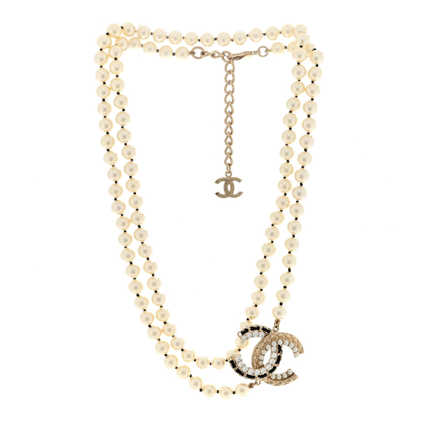 Pearl Crystal Lambskin CC Long Necklace Gold Black