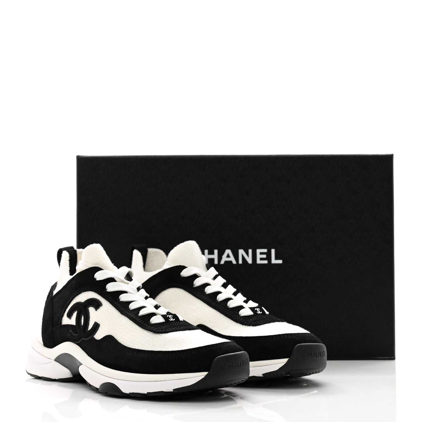 Fabric Suede Calfskin CC Sneakers 38.5 White Black