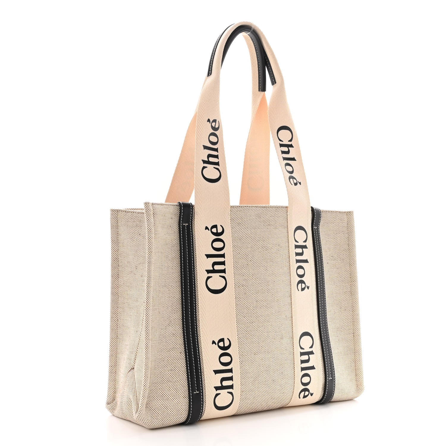 Chloe Cotton Calfskin Medium Woody Ribbon Tote White Black 3 of 8