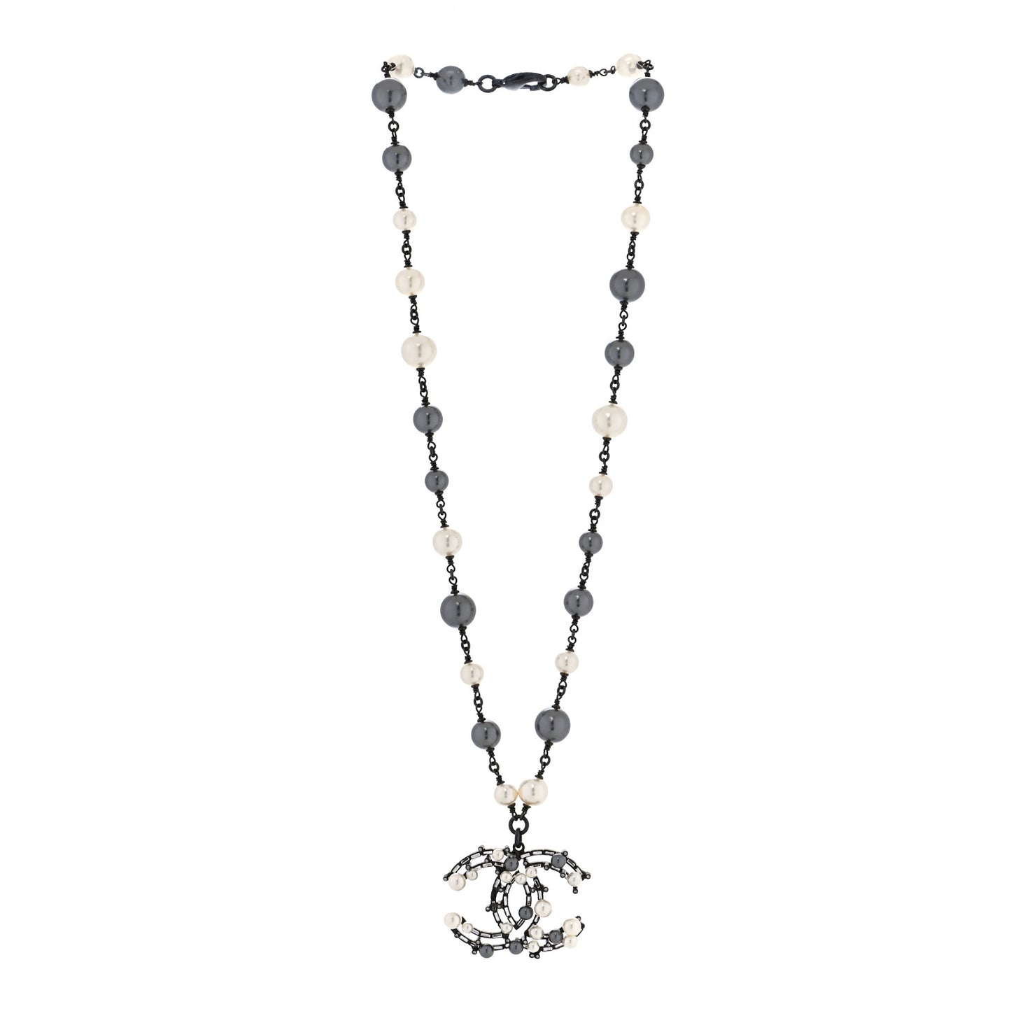 Ruthenium Pearl Baguette Crystal CC Necklace Black
