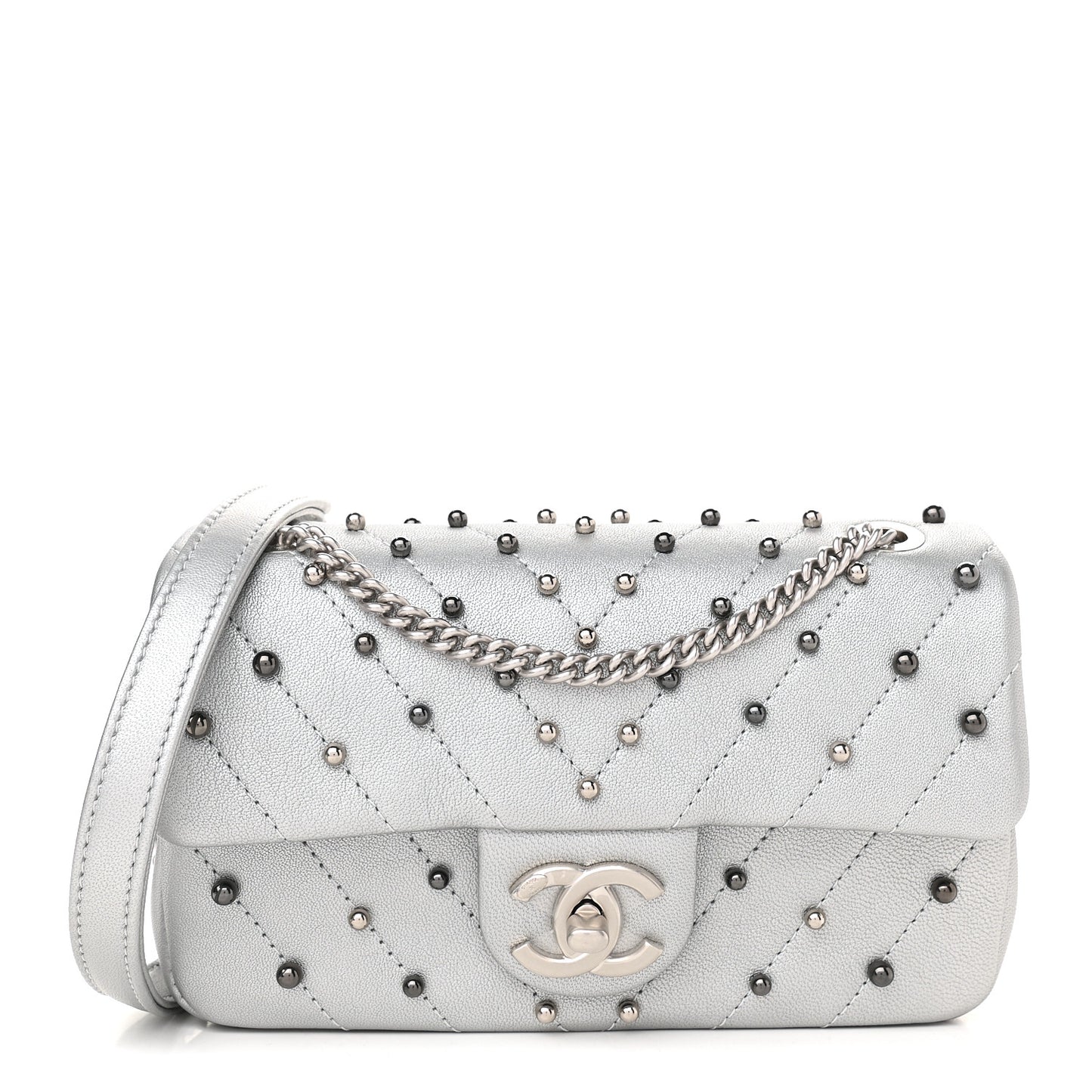 Metallic Lambskin Chevron Quilted Studded Mini Rectangular Flap Silver