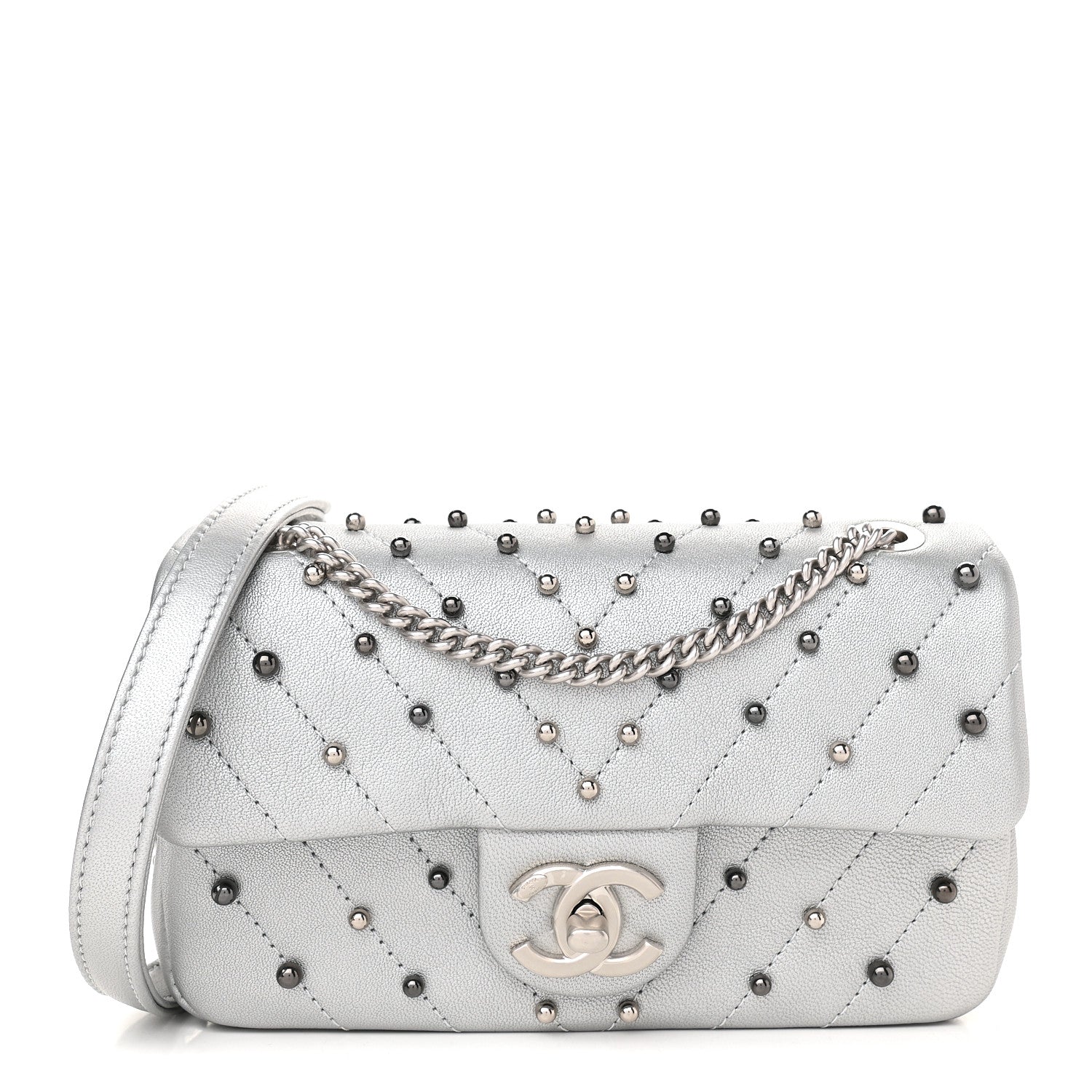 Chanel Metallic Lambskin Chevron Quilted Studded Mini Rectangular Flap Silver 1 of 10