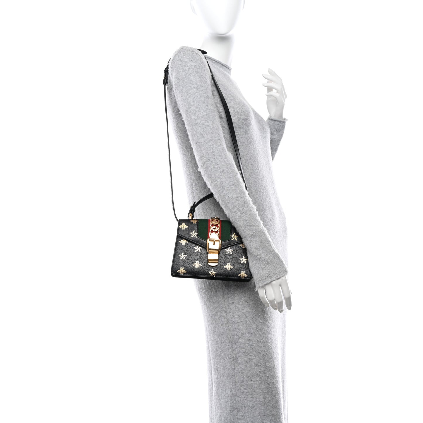 Textured Calfskin Bee Star Print Mini Sylvie Top Handle Bag Black